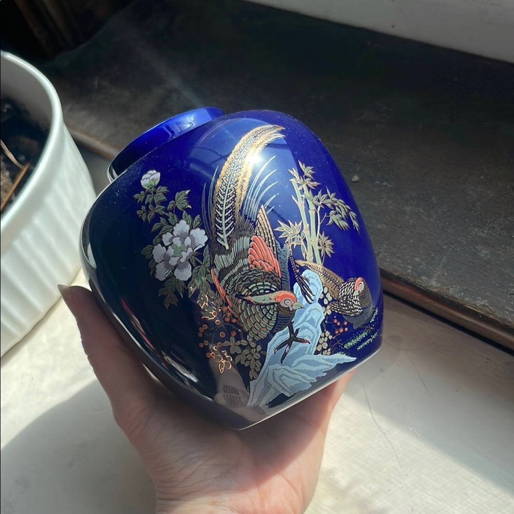 Blue Ceramic Vase with Bird and Floral Design